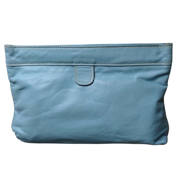 1970s Davey's Baby Blue Vintage Leather Tension Lock Clutch Handbag Made in USA - Picture 1 of 11